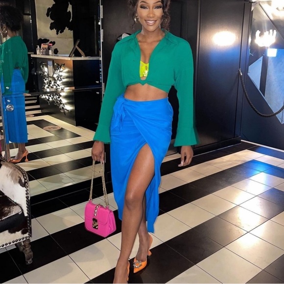 ZARA High Waisted Pareo Knot Skirt Blue - Picture 2 of 12